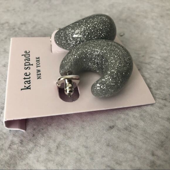 Kate Spade Silver Glitter Sparkle Chunky Hoop Earrings NEW - Picture 2 of 4